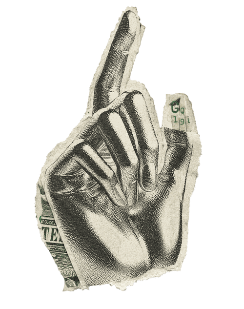 Collage of a hand made from dollar bill engravings, pointing up